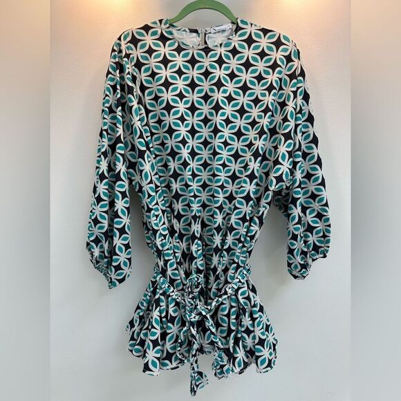 Renuar Geometric Patterned Teal Blouse/Baby Doll L - Picture 1 of 8